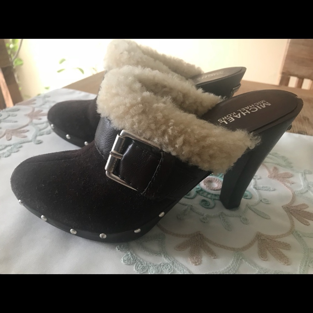 Michael Kors Shearling Brown Suede Mules Clogs 8